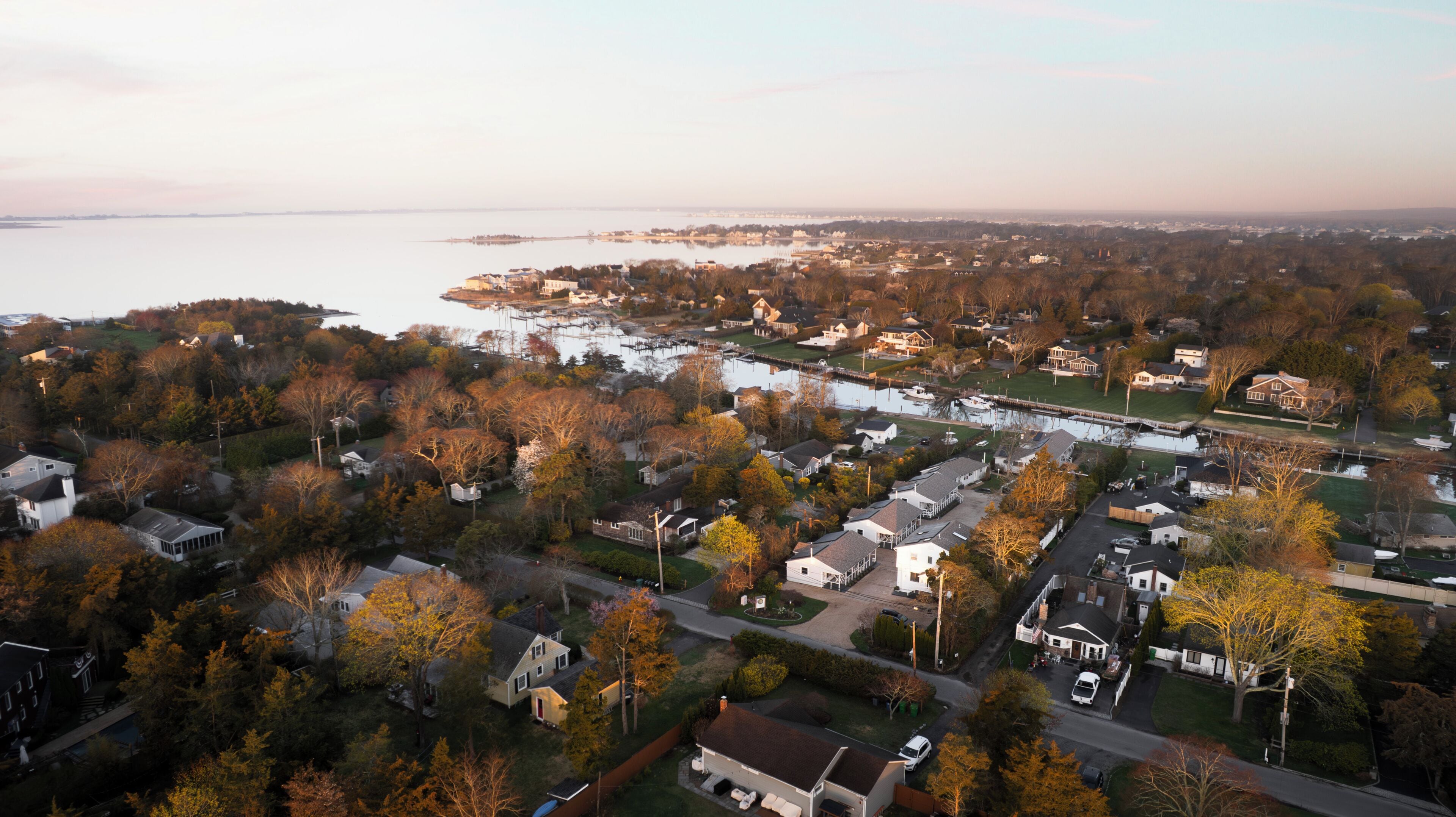 A residential area with houses, a marina, and a body of water.
