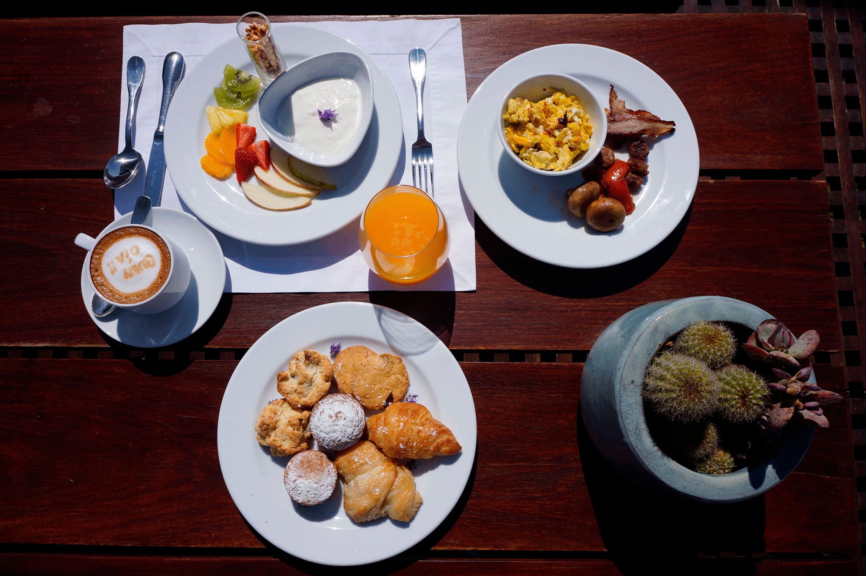 Une table avec des assiettes de petit-déjeuner, une tasse de café et une plante en pot.