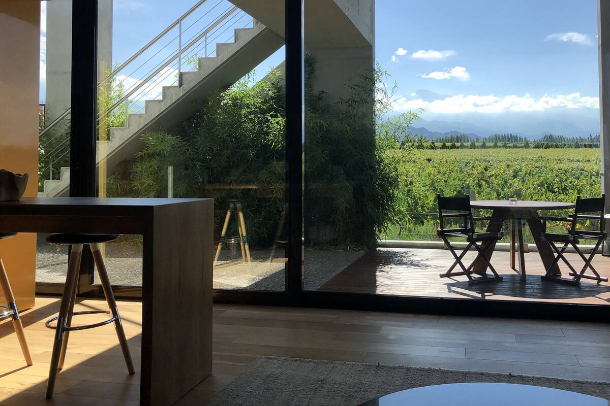 A modern interior with a staircase leading to a balcony overlooking a vineyard.