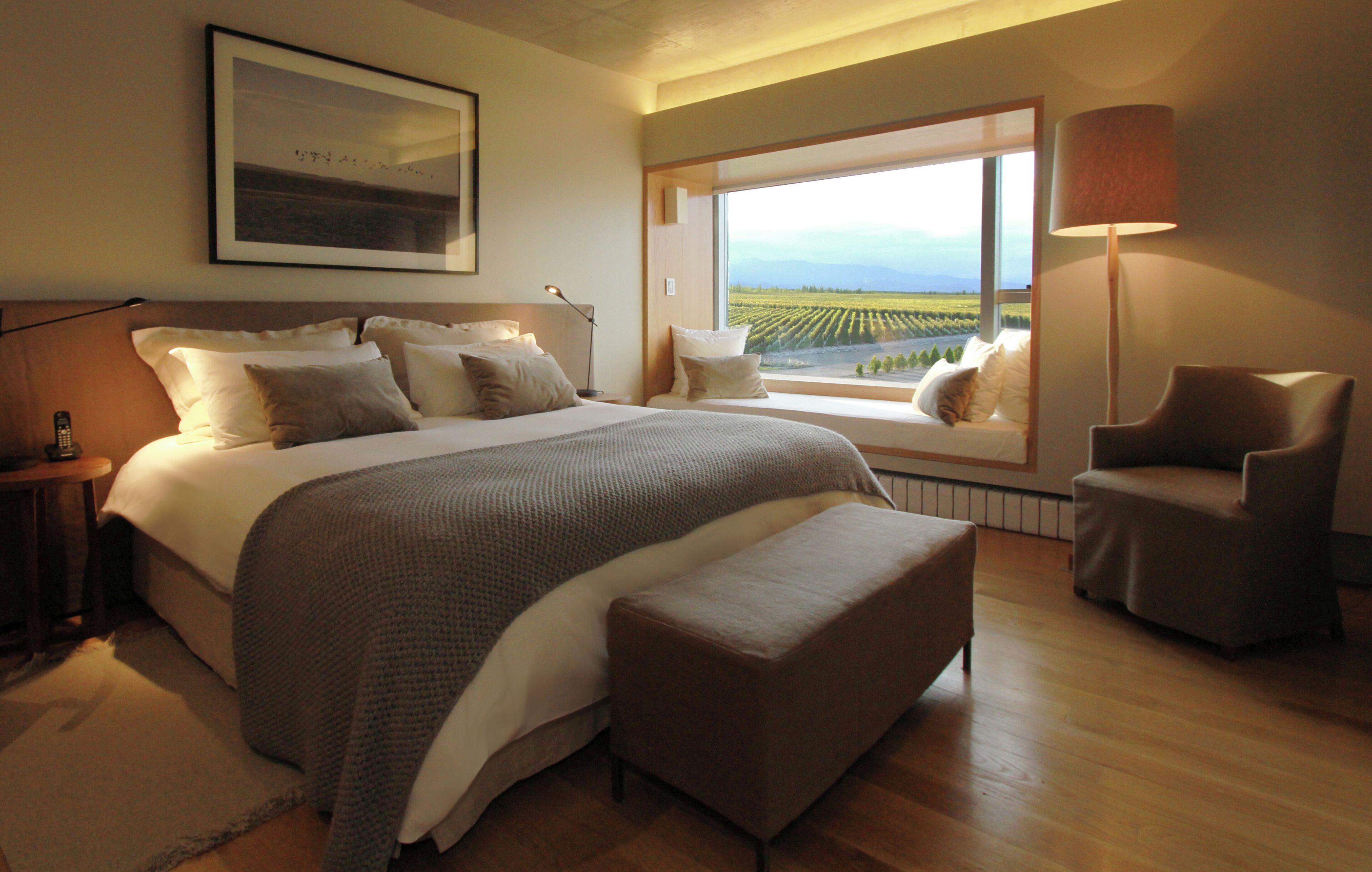 A bedroom with a large bed, a window with a view of a vineyard, a chair, and a bedside table.