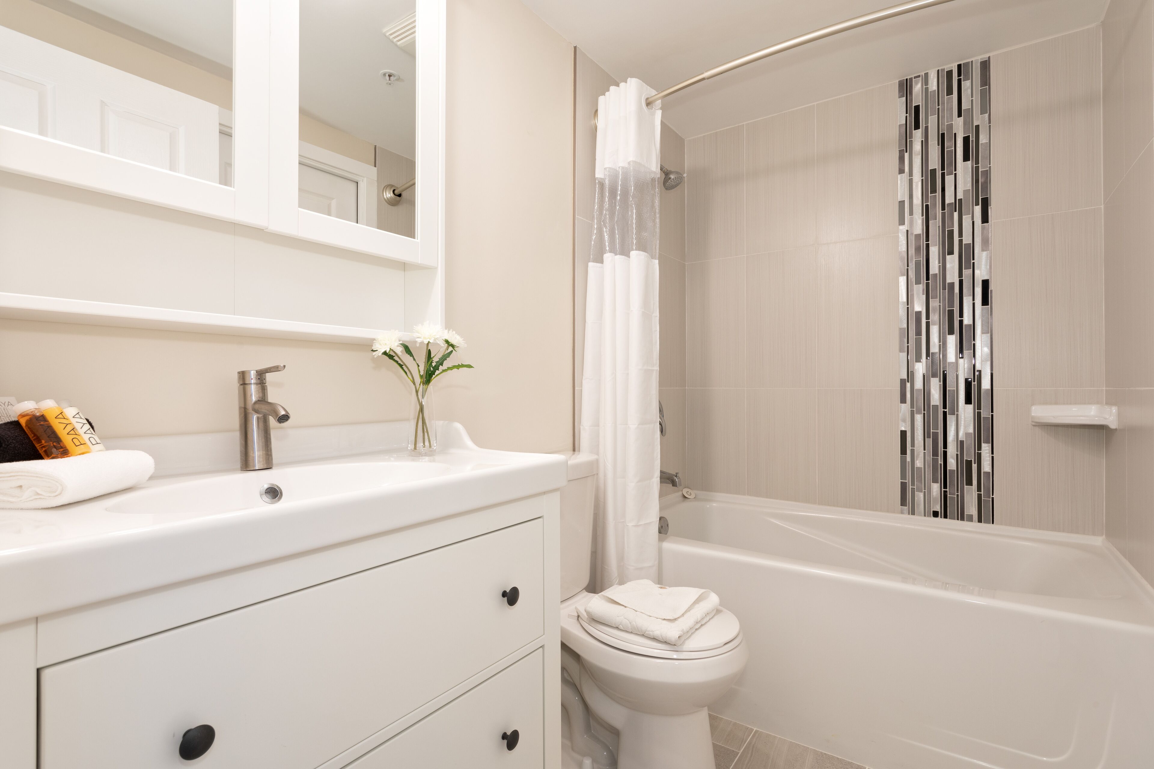 Bañera con ducha, artículos de tocador ecológicos, secador de pelo