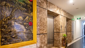 Un pasillo con pared de mármol, un ascensor y un cuadro decorativo.