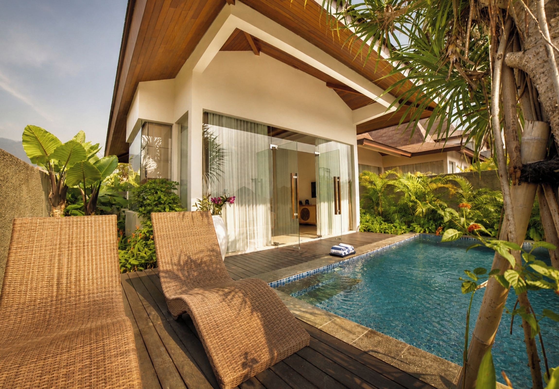 Une maison moderne dotée d’une piscine, d’une terrasse en bois et de plantes tropicales.