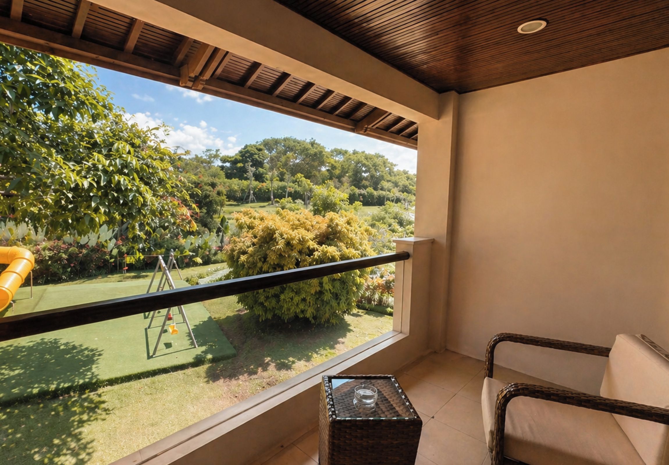 Un balcón con vistas a un jardín exuberante, un columpio y una silla de mimbre.