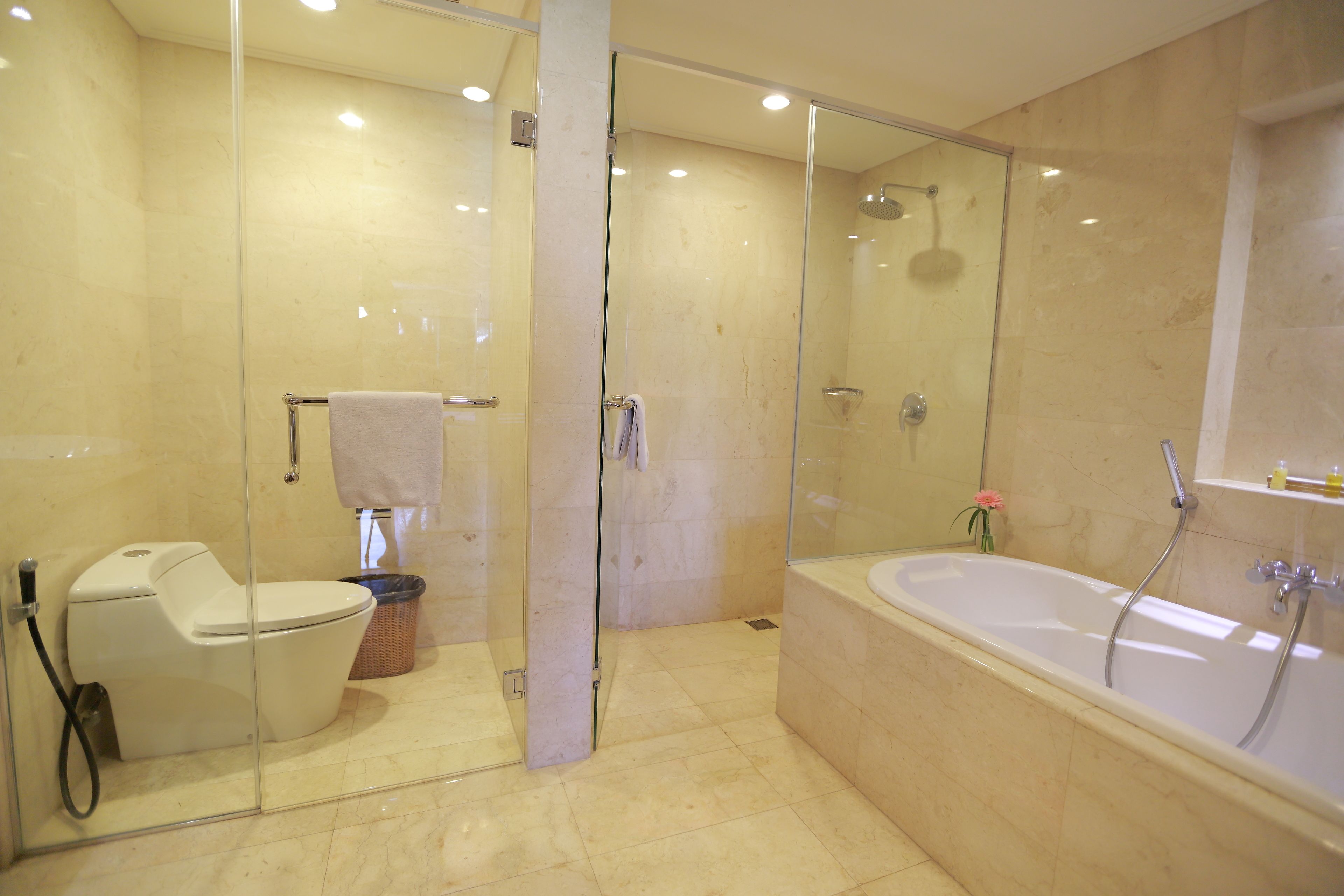 A modern bathroom with a glass-enclosed shower, a standalone toilet, and a freestanding bathtub.
