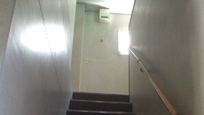 Una escalera con barandilla, escalones alfombrados y un interruptor de luz en la pared.