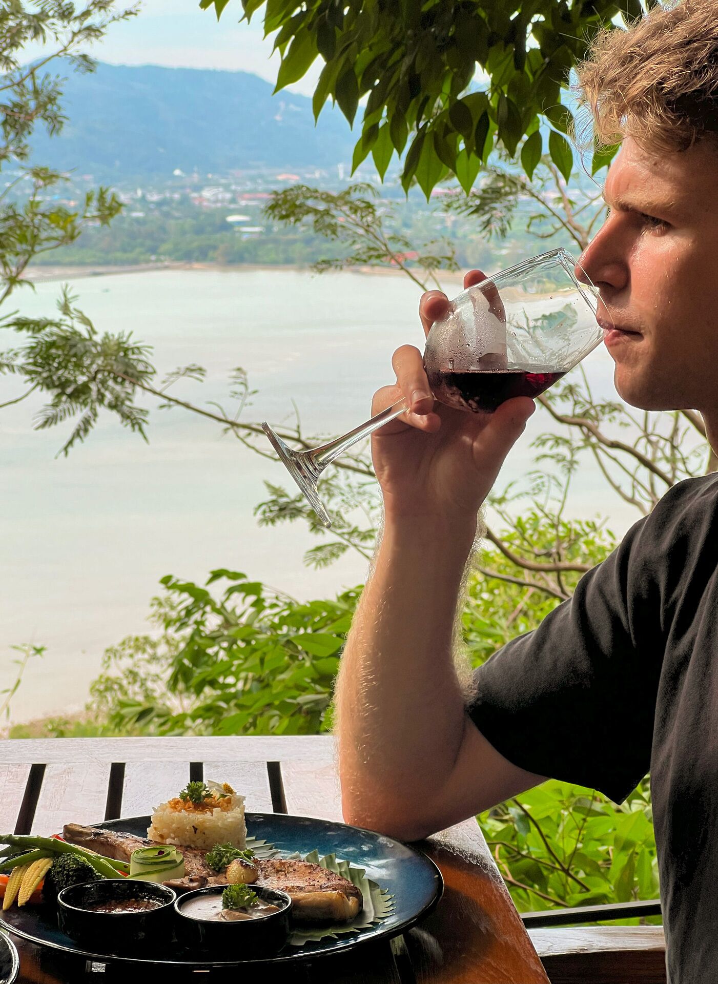 Una persona sosteniendo una copa de vino con vistas panorámicas al agua y montañas al fondo.