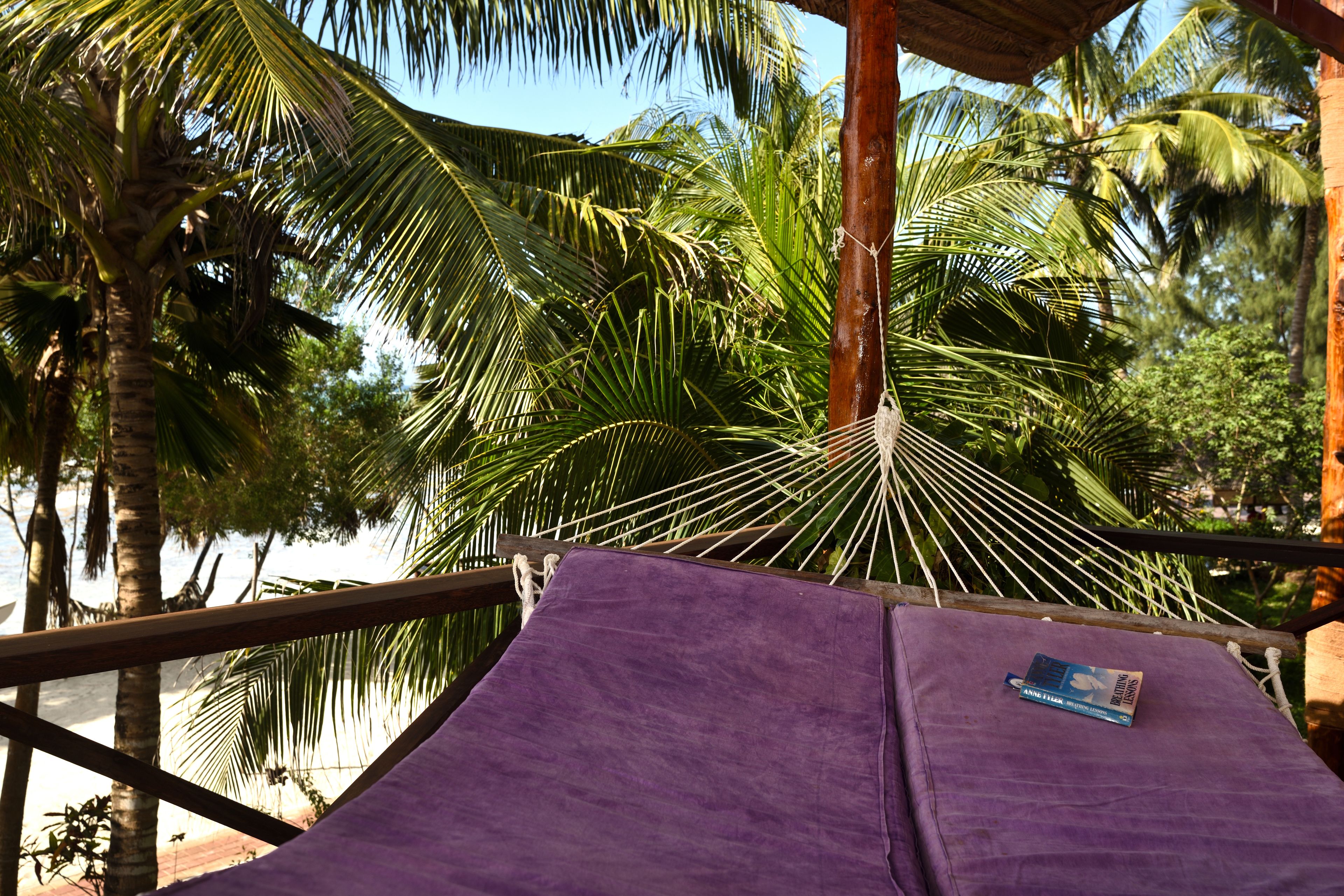 A hammock with a purple cushion and a book, surrounded by palm trees.