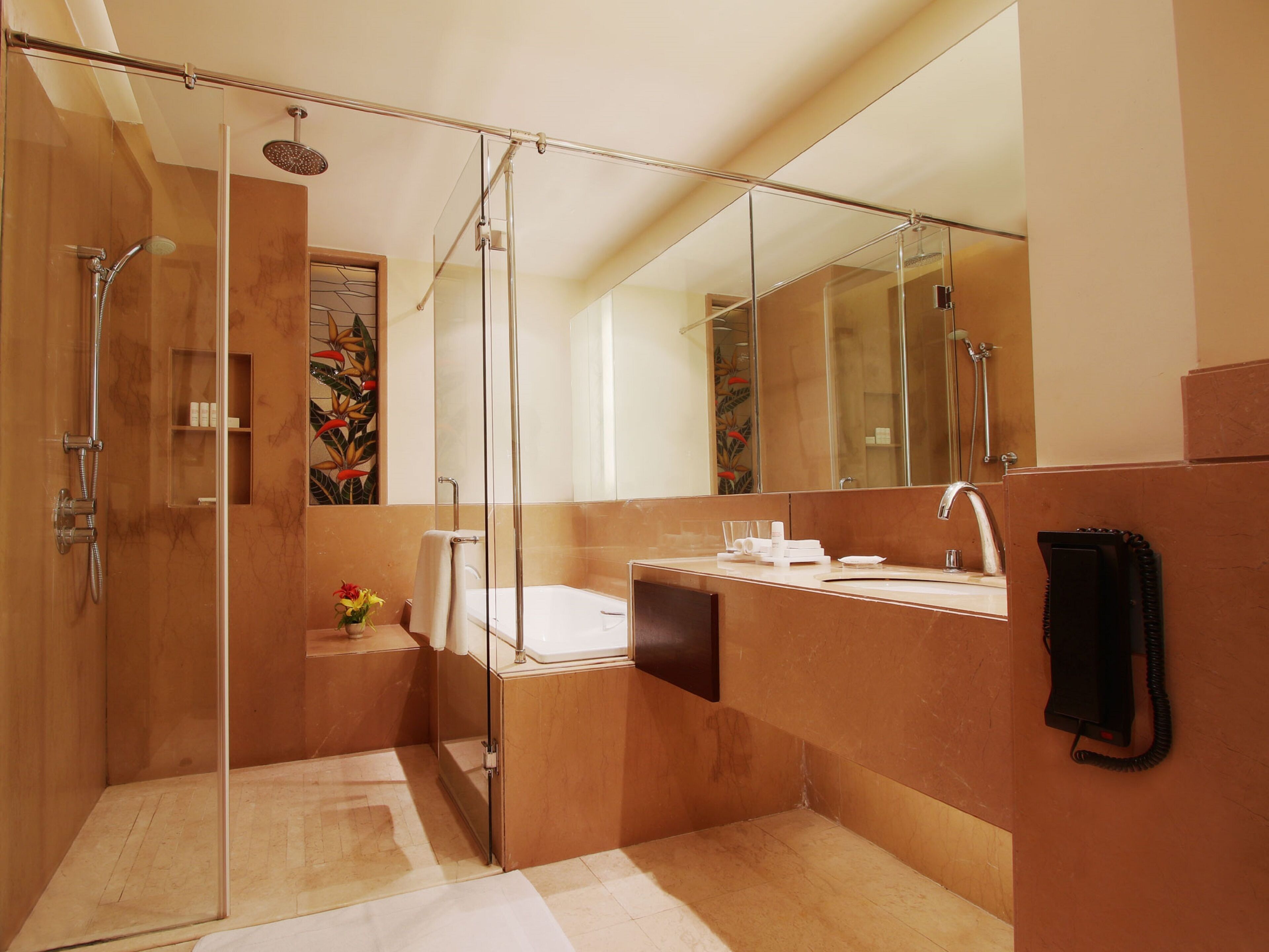 superior room, city view | bathroom | designer toiletries, hair dryer, bathrobes, slippers