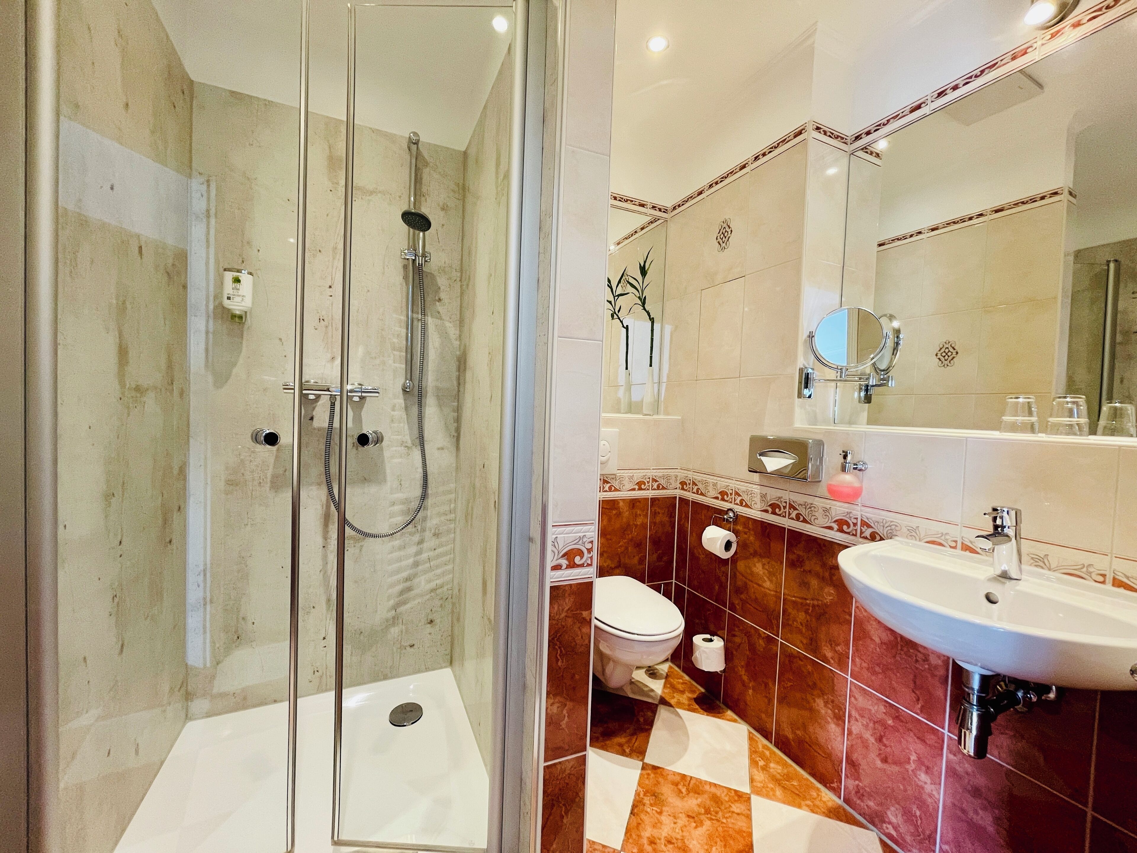 A bathroom with a glass-enclosed shower, a white sink, and a toilet.