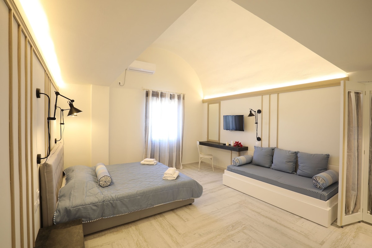 Un dormitorio con cama, sofá, escritorio y televisor.