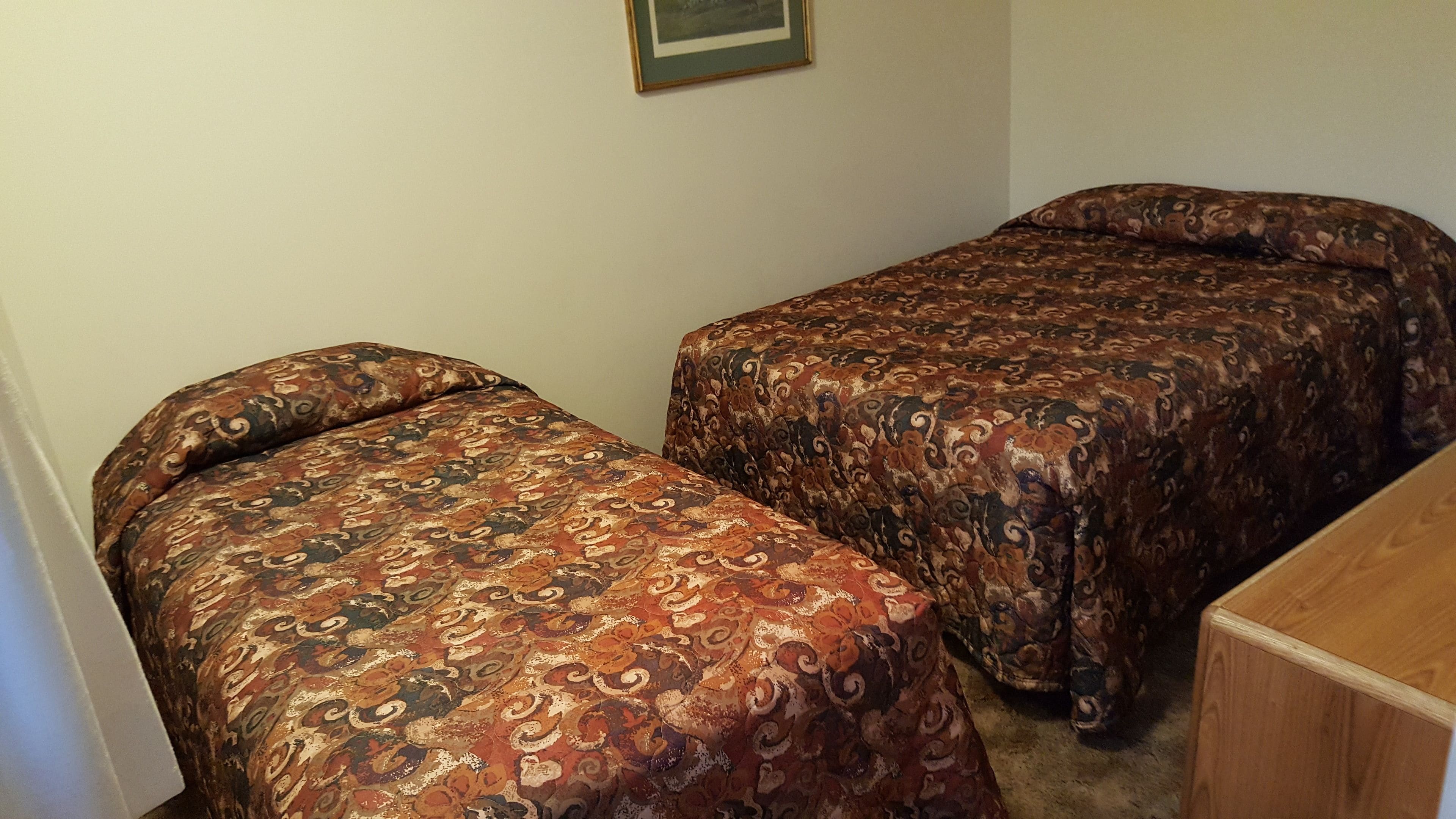 A room with two single beds, each with patterned bedding, a wooden dresser, and a framed picture on the wall.
