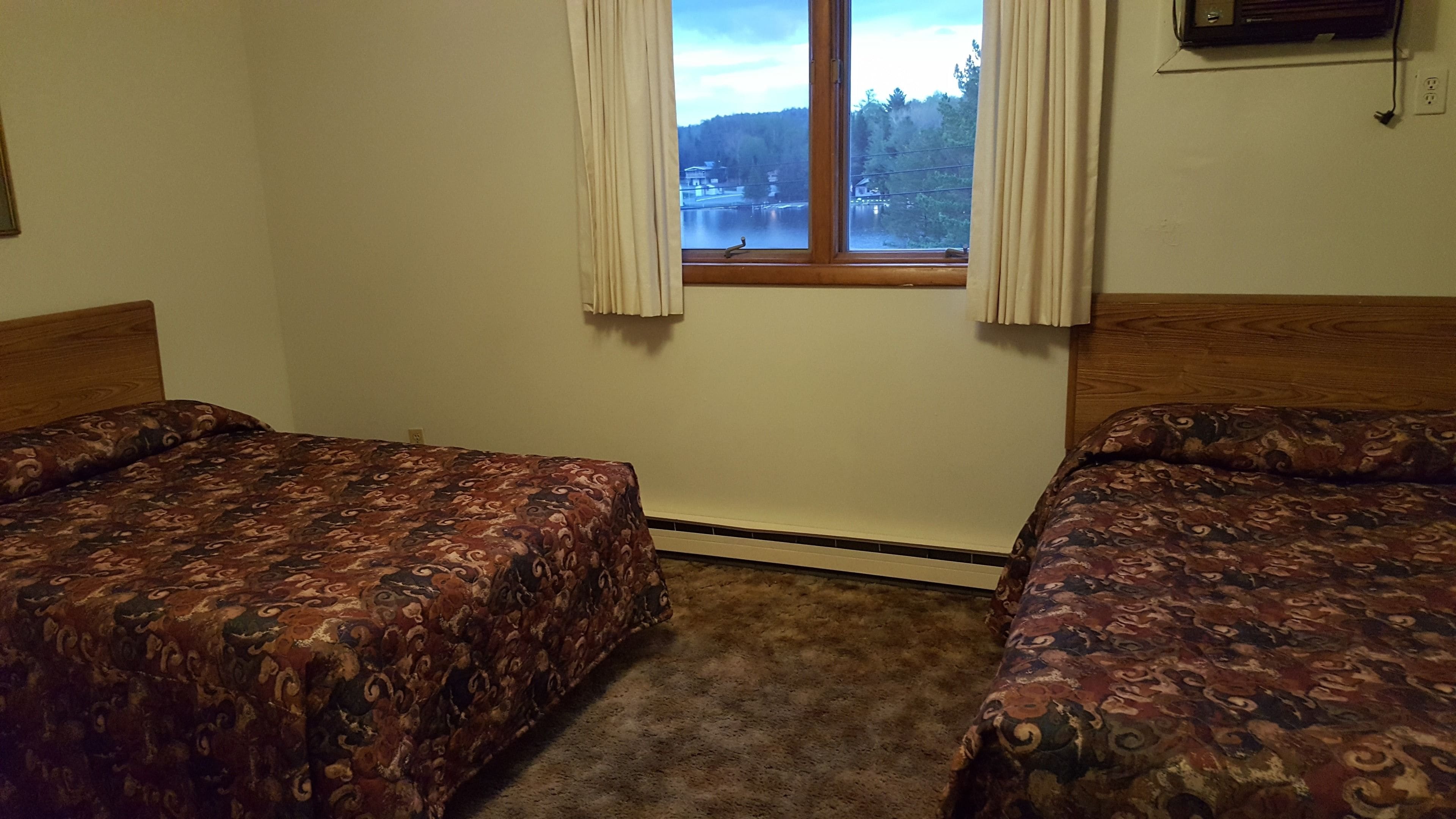 Een kamer met twee bedden, een raam met gordijnen, een verwarming en uitzicht op een meer en bos.