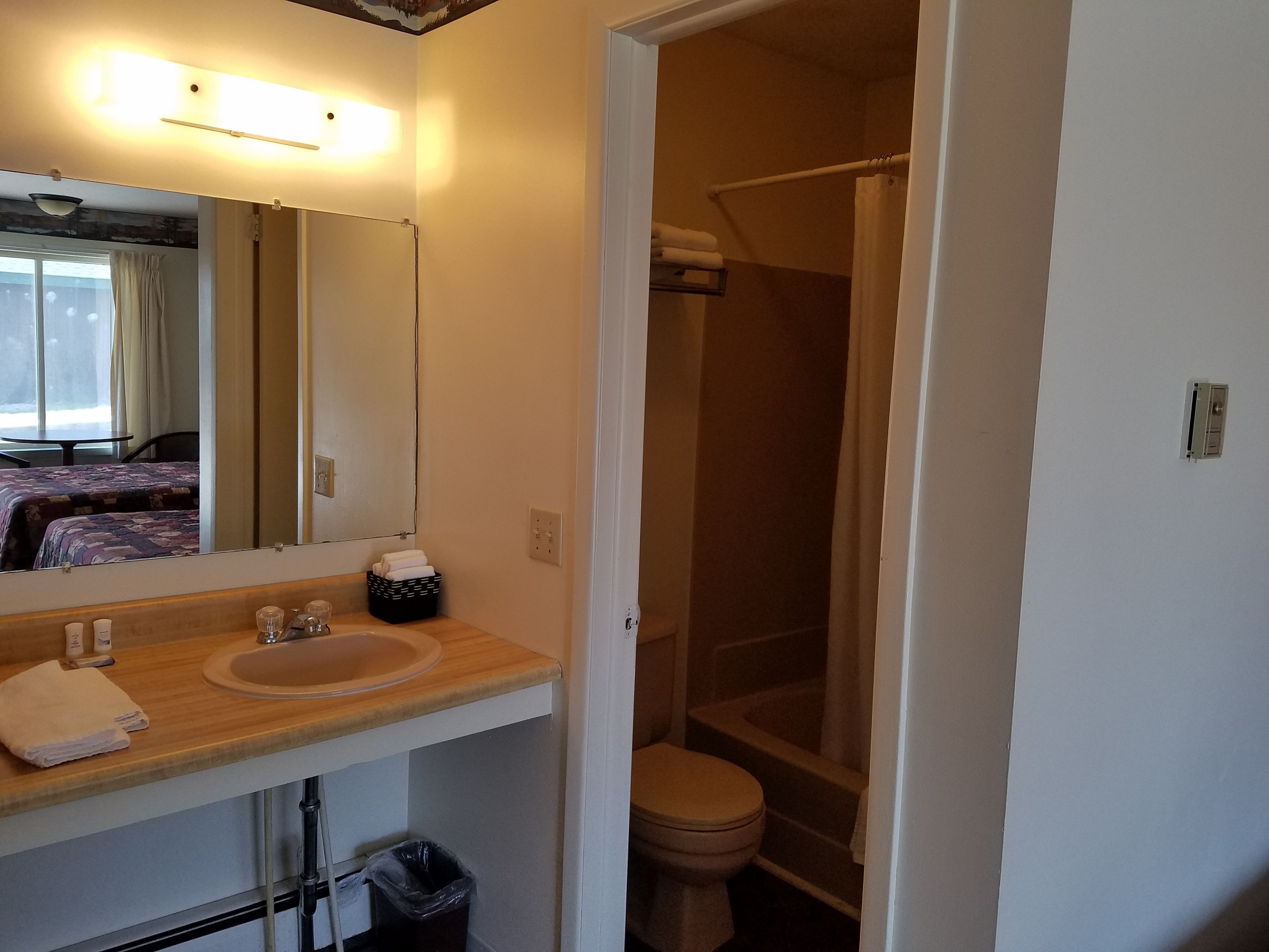 A bathroom with a sink, mirror, and shower.