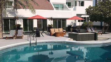 Outdoor pool, pool umbrellas, pool loungers