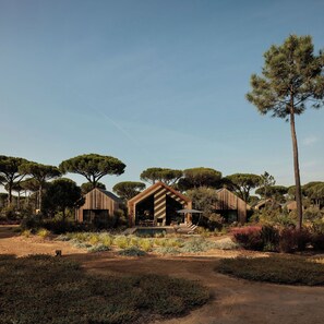 A modern villa with a central open-plan living area, surrounded by a garden with various trees and shrubs. - Sublime Comporta  (Grandola)