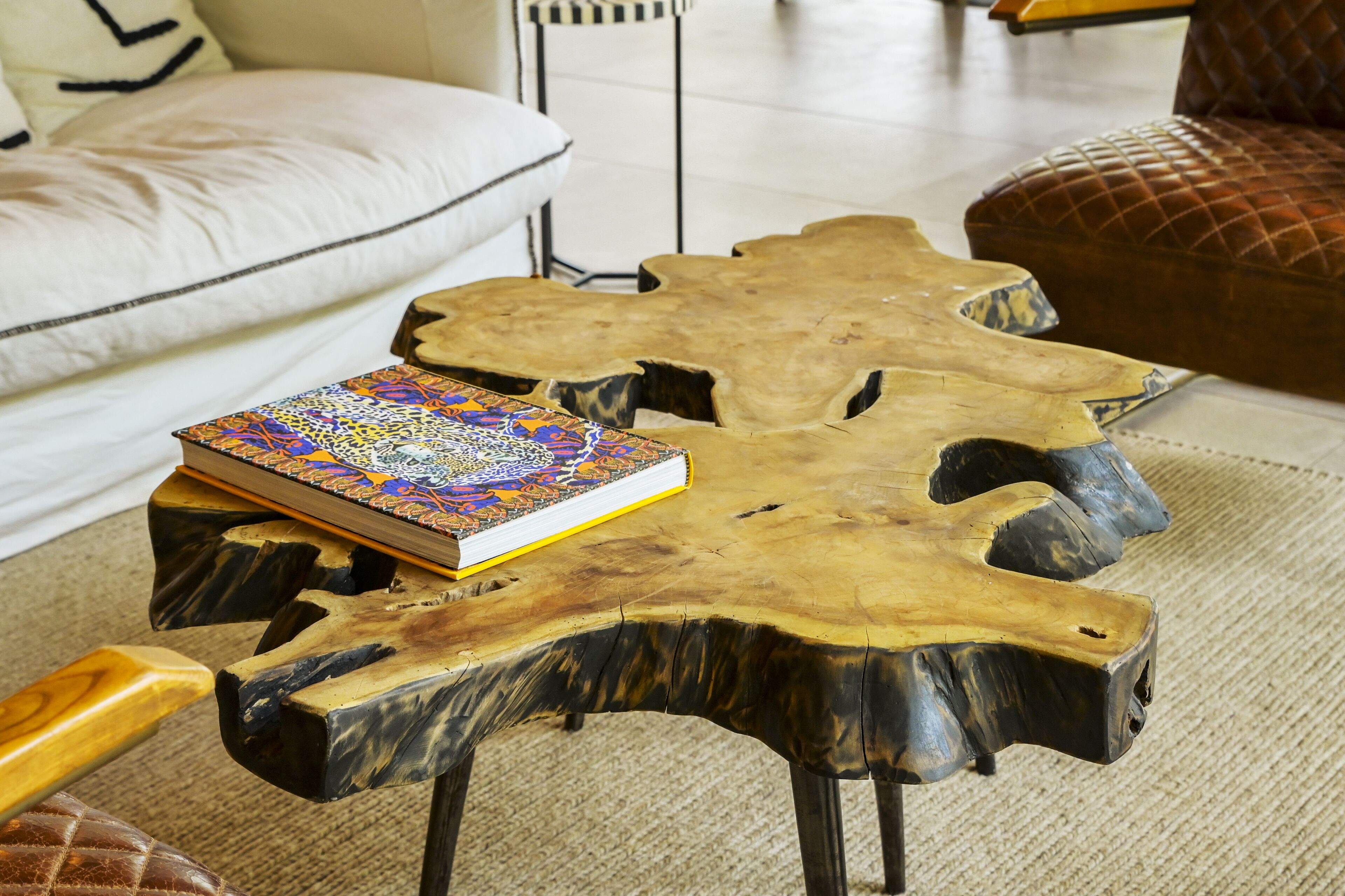 Une table basse en bois, sur laquelle repose un livre, est placée dans un salon agrémenté d’un canapé et d’un tapis à motifs.