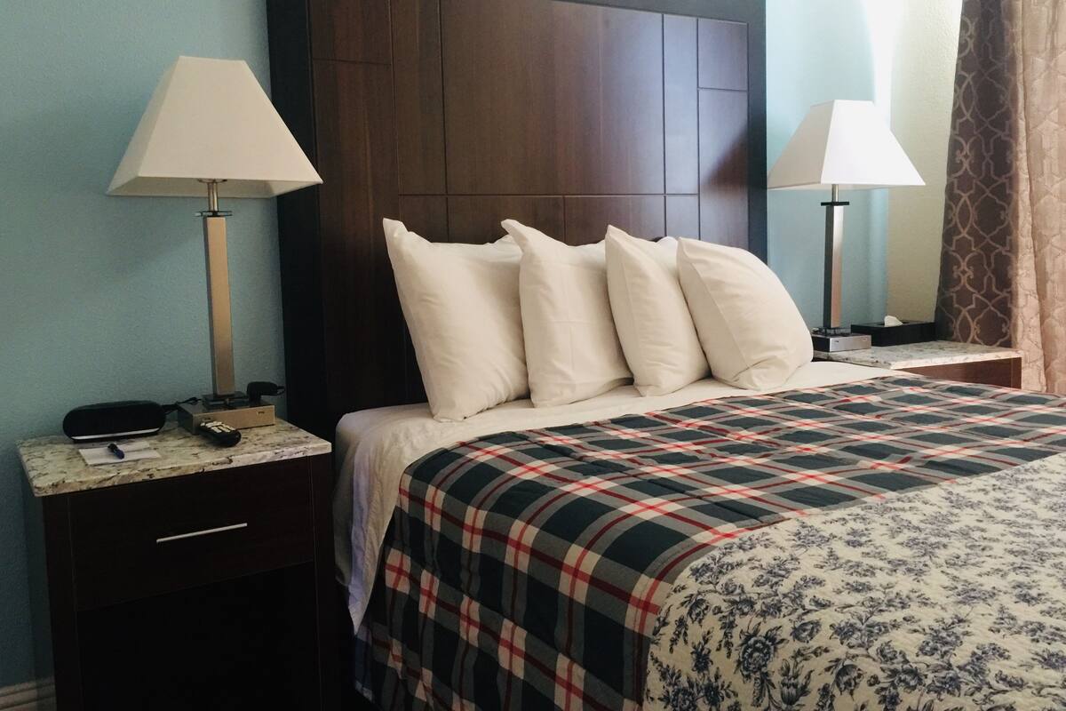 Een hotelkamer met een groot bed, twee nachtkastjes met lampen, een telefoon en een nachtkastje met afstandsbediening.