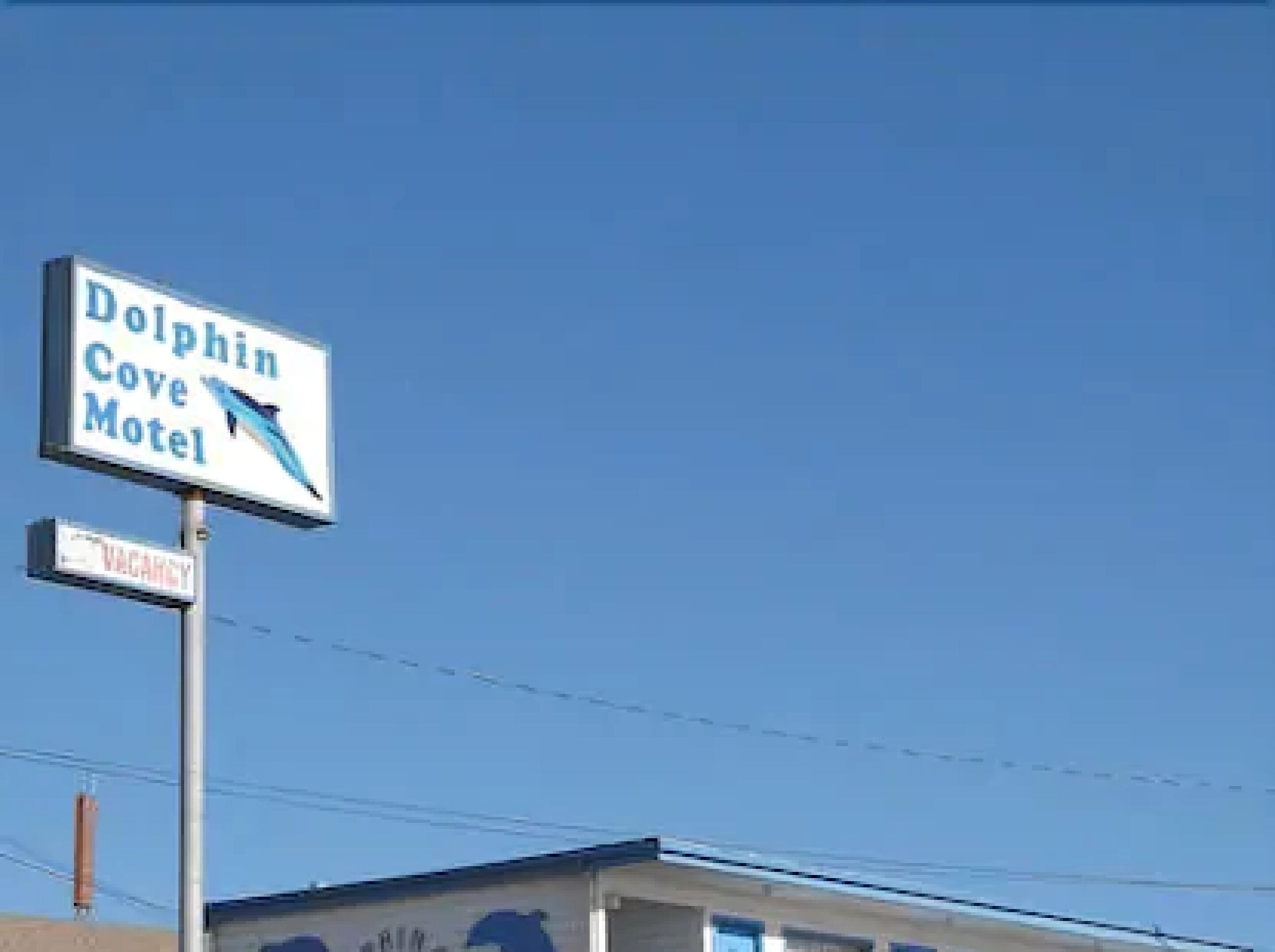 A motel sign with a dolphin graphic and the name 'Dolphin Cove Motel'.