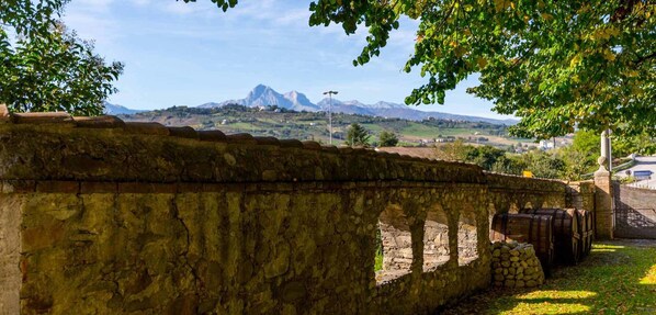 A stone wall with an archway and a view of mountains in the background.