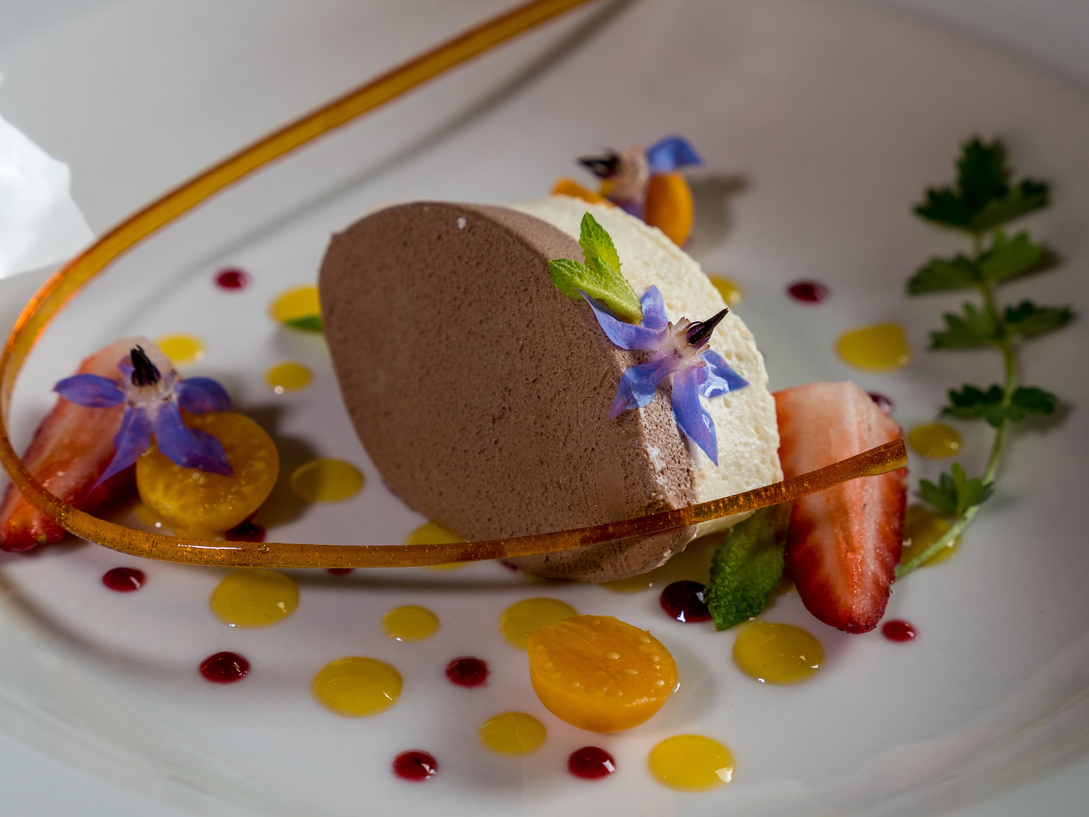 Un dessert composé d’une mousse au chocolat, décoré de feuilles de menthe et de fruits rouges, servi dans une assiette blanche parsemée de points de sauce jaune et rouge.