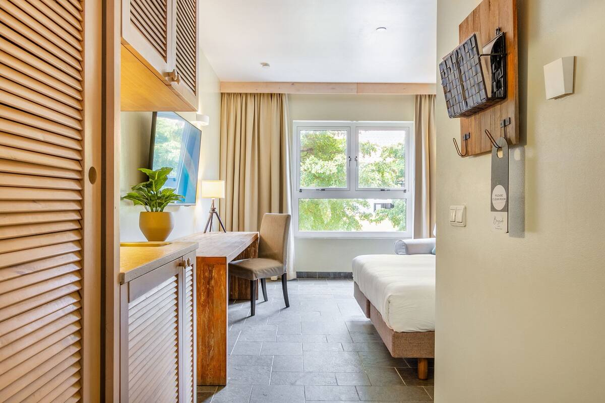 Habitación de hotel con cama, escritorio con silla, planta en maceta, ventana con cortinas y televisor de pared.