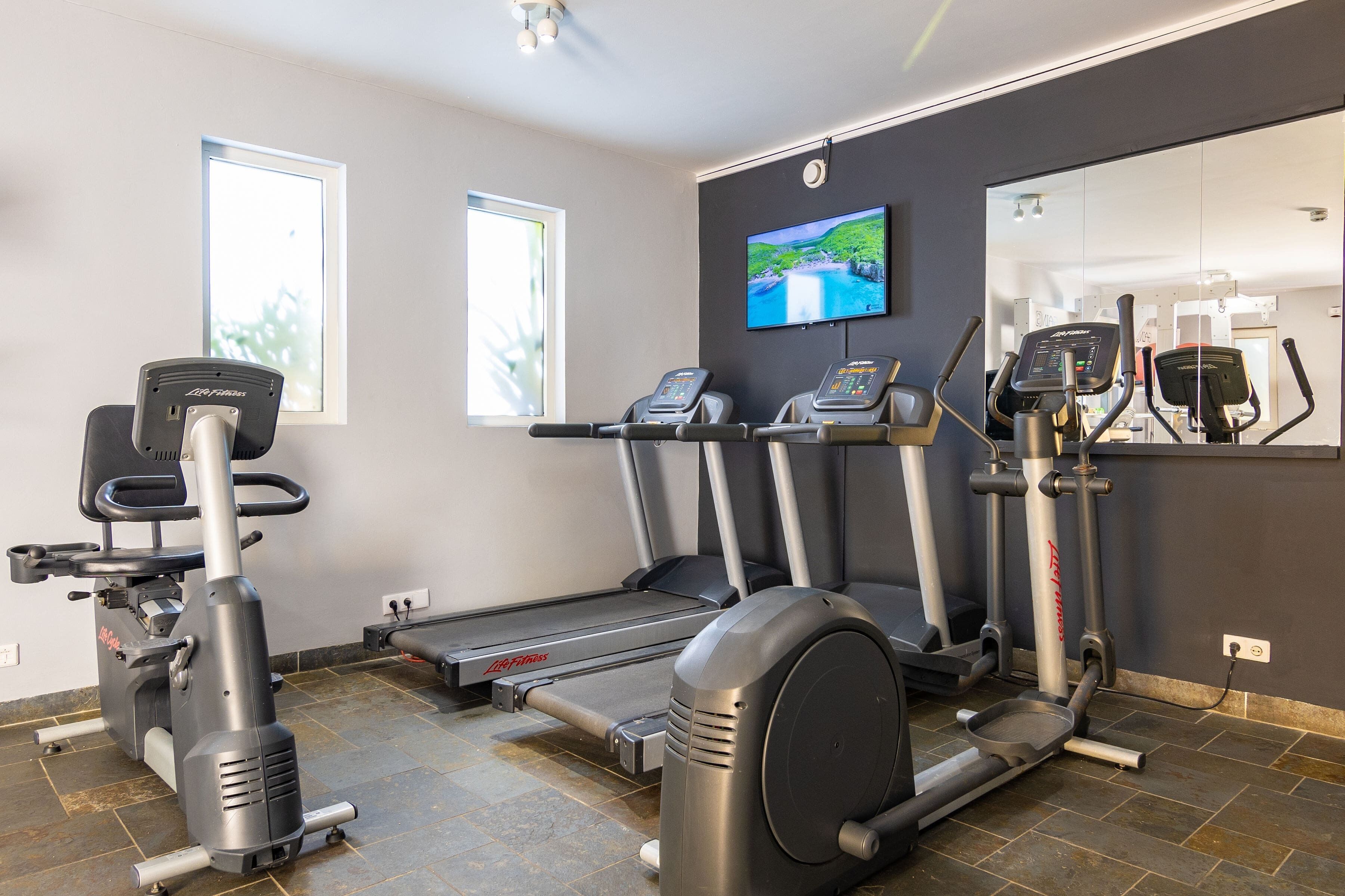 Une salle de sport équipée de tapis de course, de vélos elliptiques et d’un écran de télévision fixé au mur.