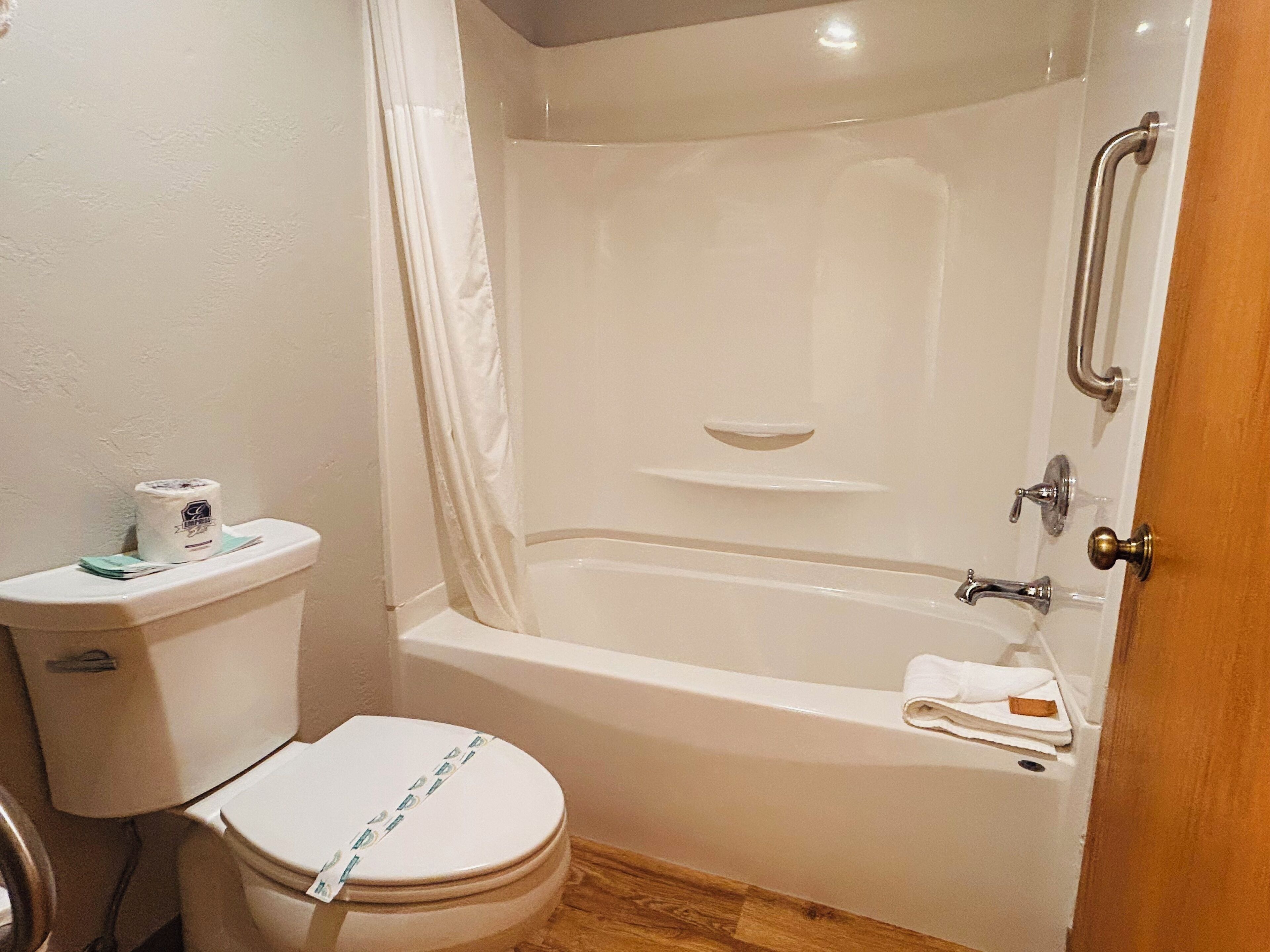 Een badkamer met toilet, bad en douchegordijn.
