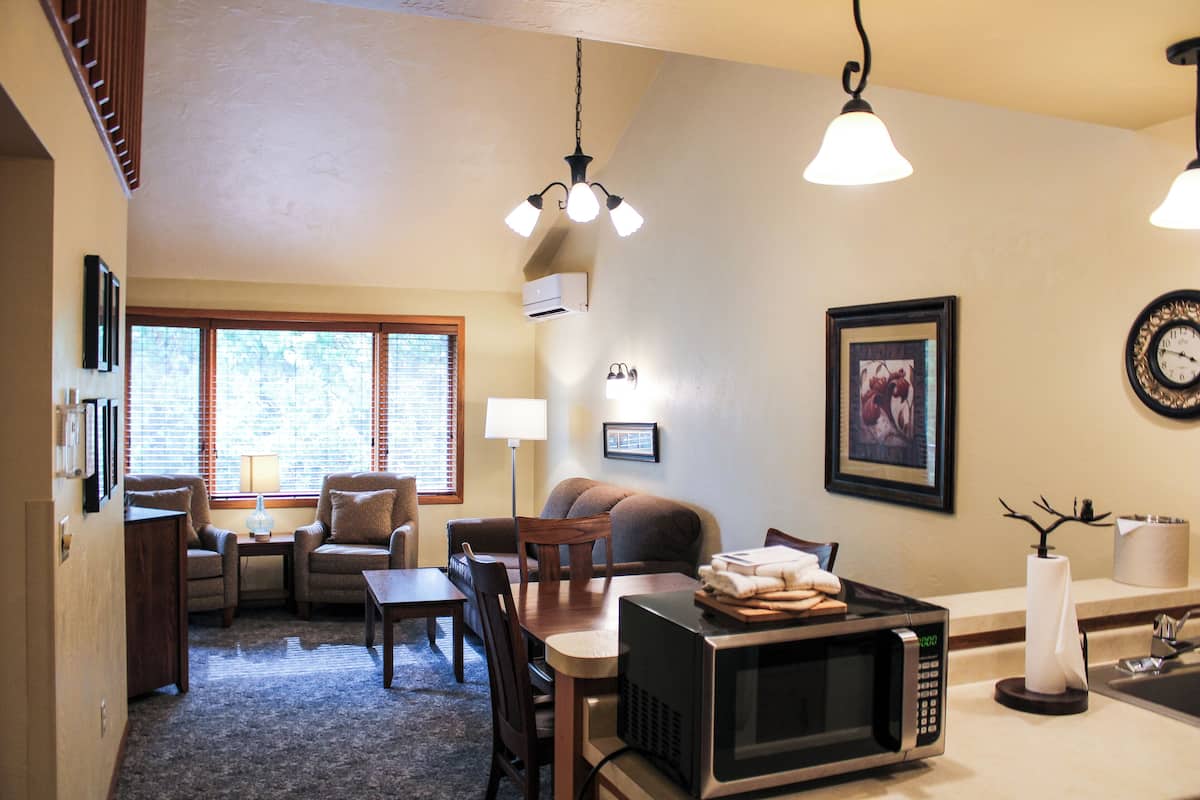 A compact living space with a dining area, a sofa, a TV, and a kitchen area with a microwave.