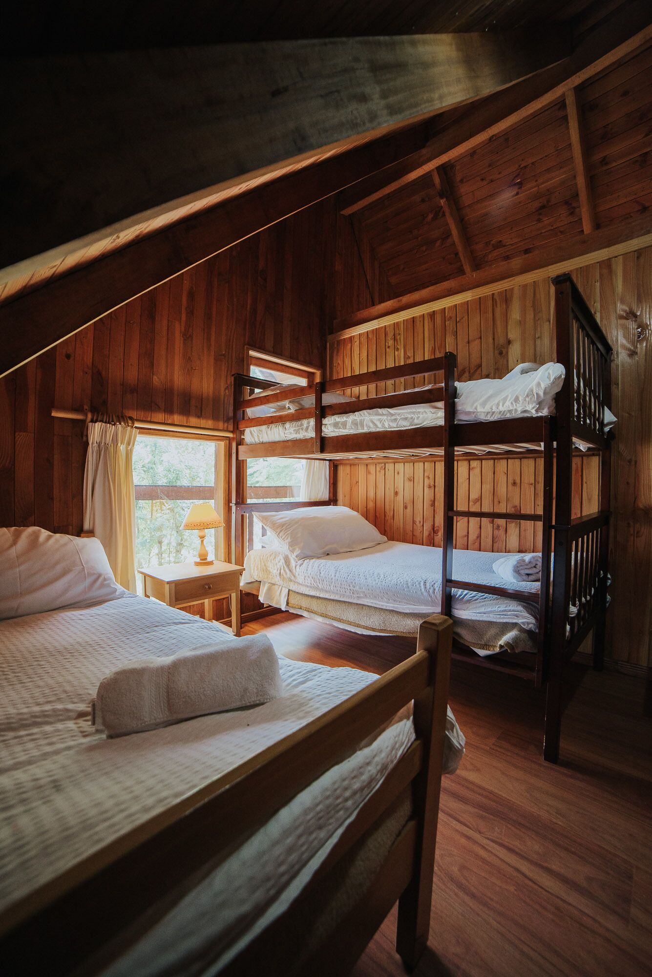 Una cabaña de madera con literas, una ventana con cortinas y una mesita de noche con una lámpara.
