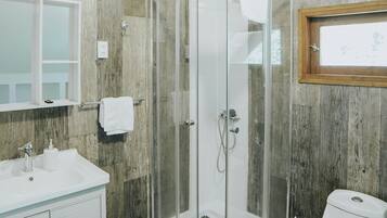 Un baño moderno con ducha de vidrio, lavamanos blanco con espejo arriba y un inodoro.