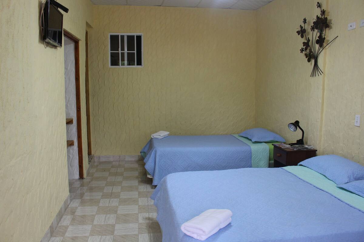 A room with two beds, a small window, and a wall-mounted lamp.