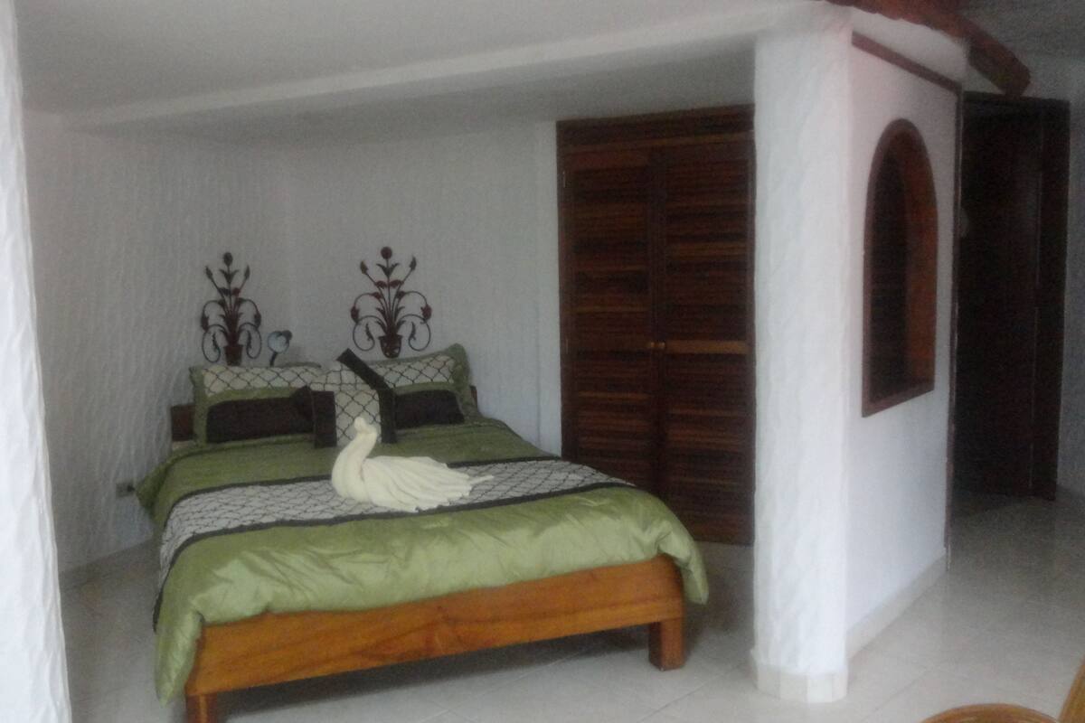 A bedroom with a bed, a wooden door, and a white wall.