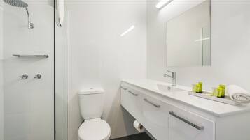 Shower, free toiletries, hair dryer, towels