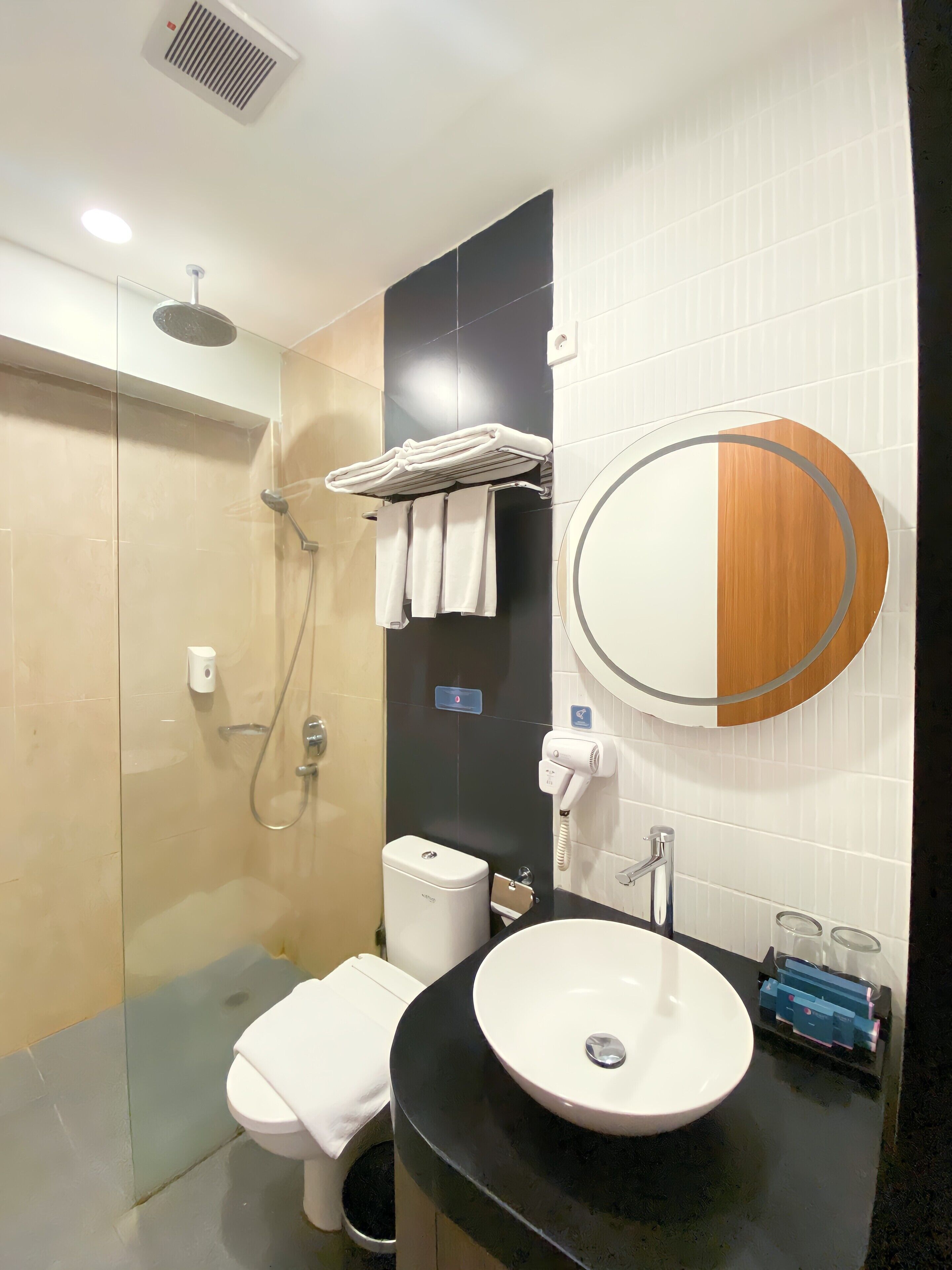 A modern bathroom with a glass-enclosed shower, a toilet, a sink with a mirror, and a towel rack.