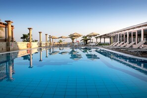 Outdoor pool, pool umbrellas, pool loungers