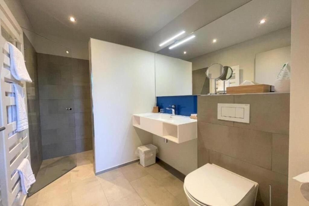 Ein modernes Badezimmer mit Dusche, Toilette und Waschtisch.