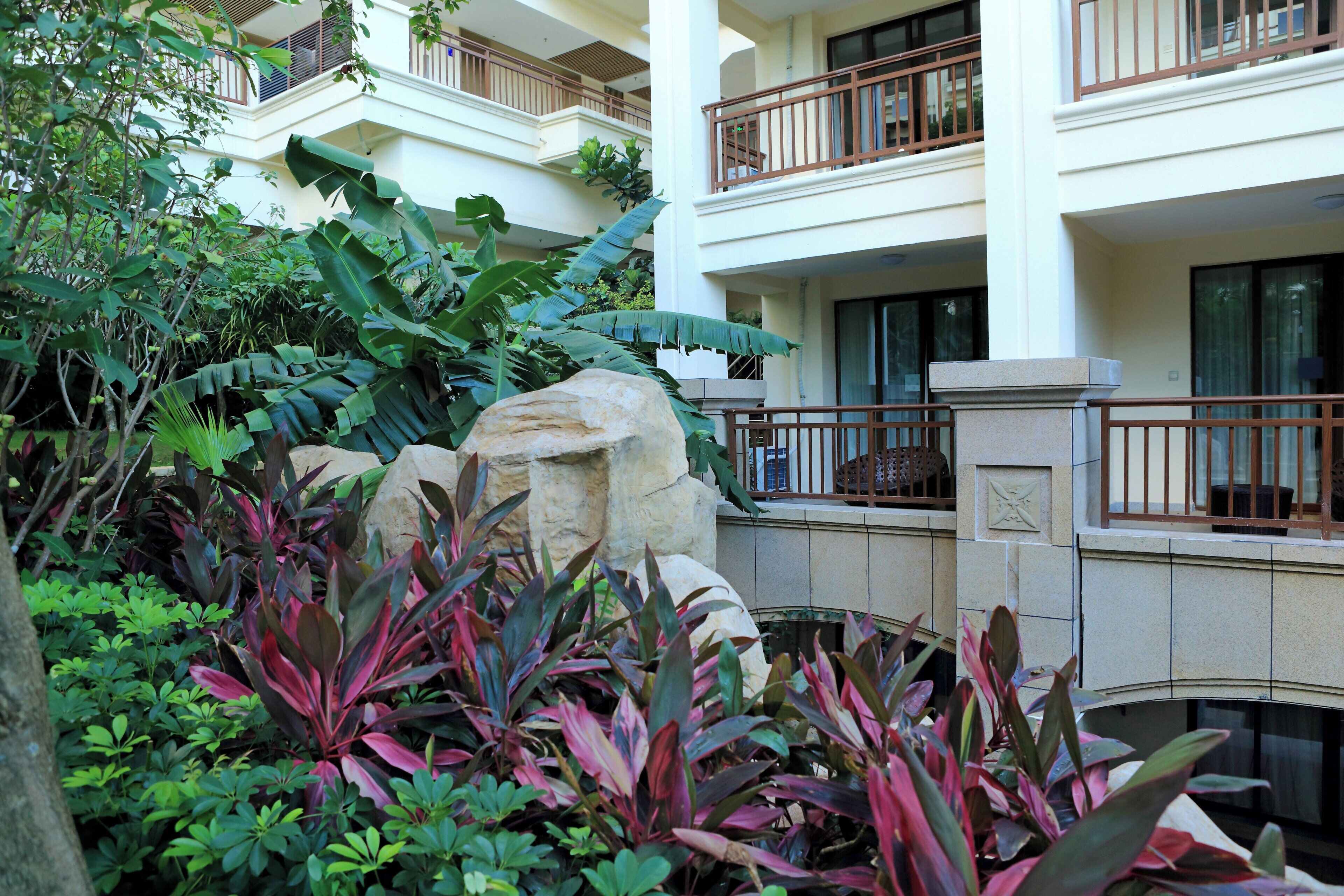 Un patio de hotel con abundante vegetación, una gran roca y una barandilla de piedra.