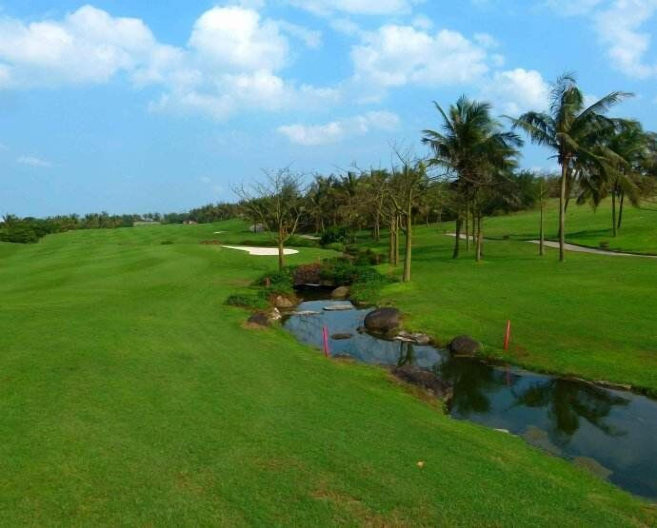 A golf course with a water feature, palm trees, and a clear sky.