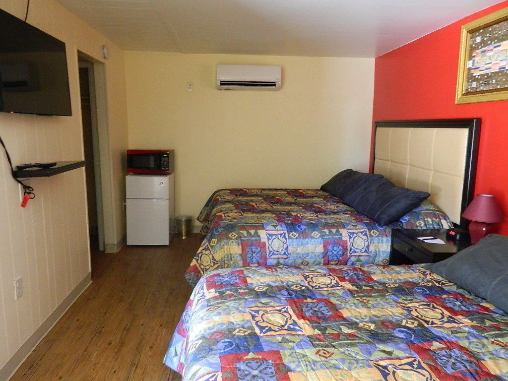Quarto de hotel com cama, televisão, micro-ondas e frigorífico.