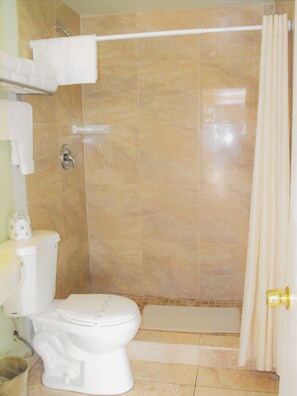 A bathroom with a toilet, shower, and a towel rack.