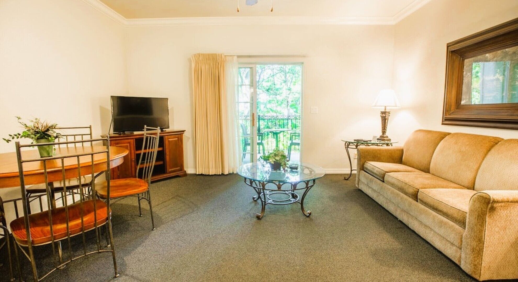 40-inch TV with cable channels, DVD player