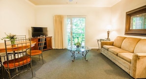 40-inch TV with cable channels, DVD player