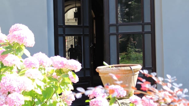 A building entrance with a large arched doorway, a potted plant, and pink flowers in the foreground. - Residenza D'Epoca Al Numero 8 (Florence)