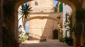 Un patio arqueado con paredes de piedra, plantas en macetas y vistas a un edificio con balcón.