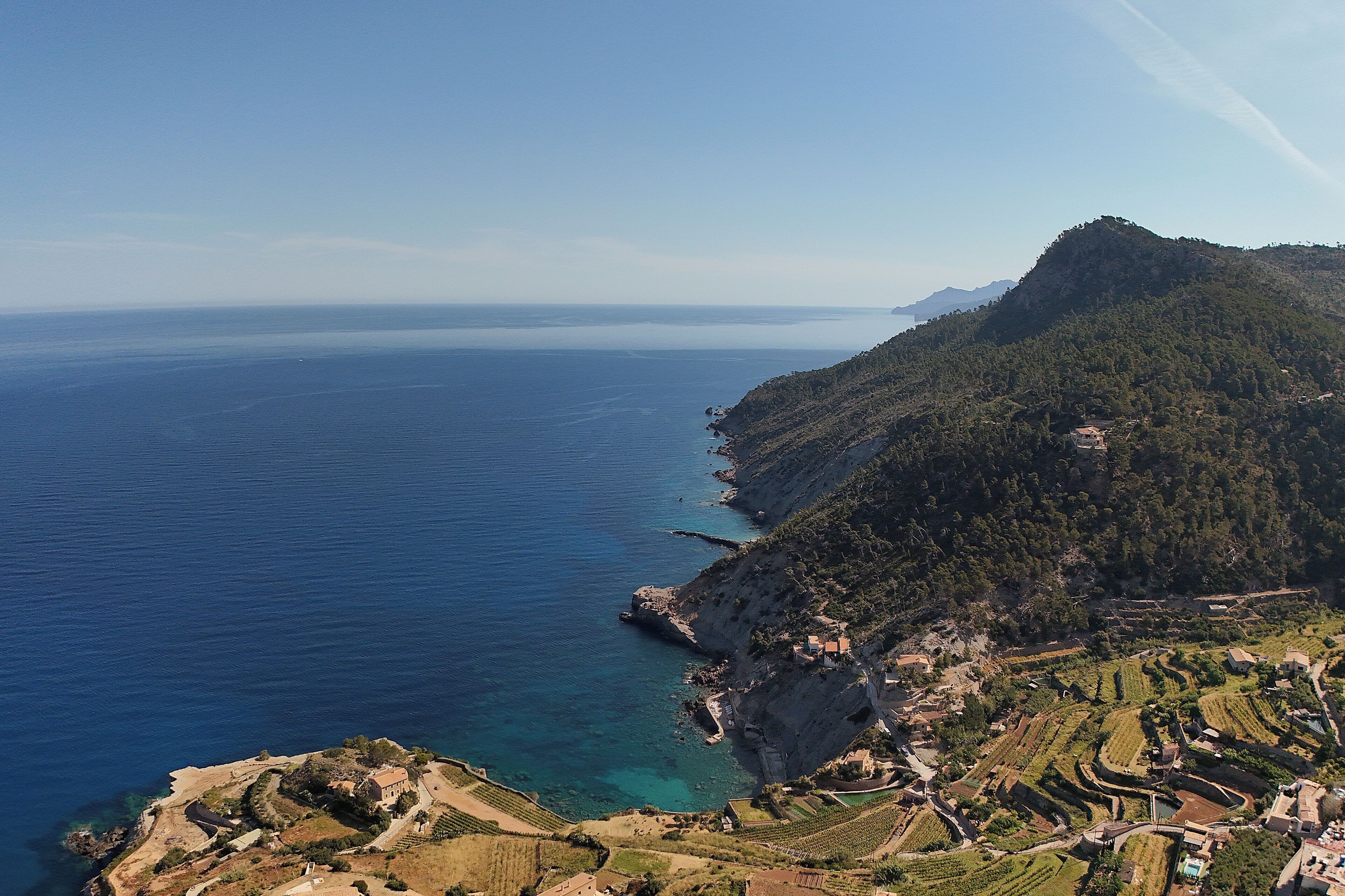 Vista aérea de una zona costera con viñedos en terrazas, mar azul cristalino y montañas al fondo.