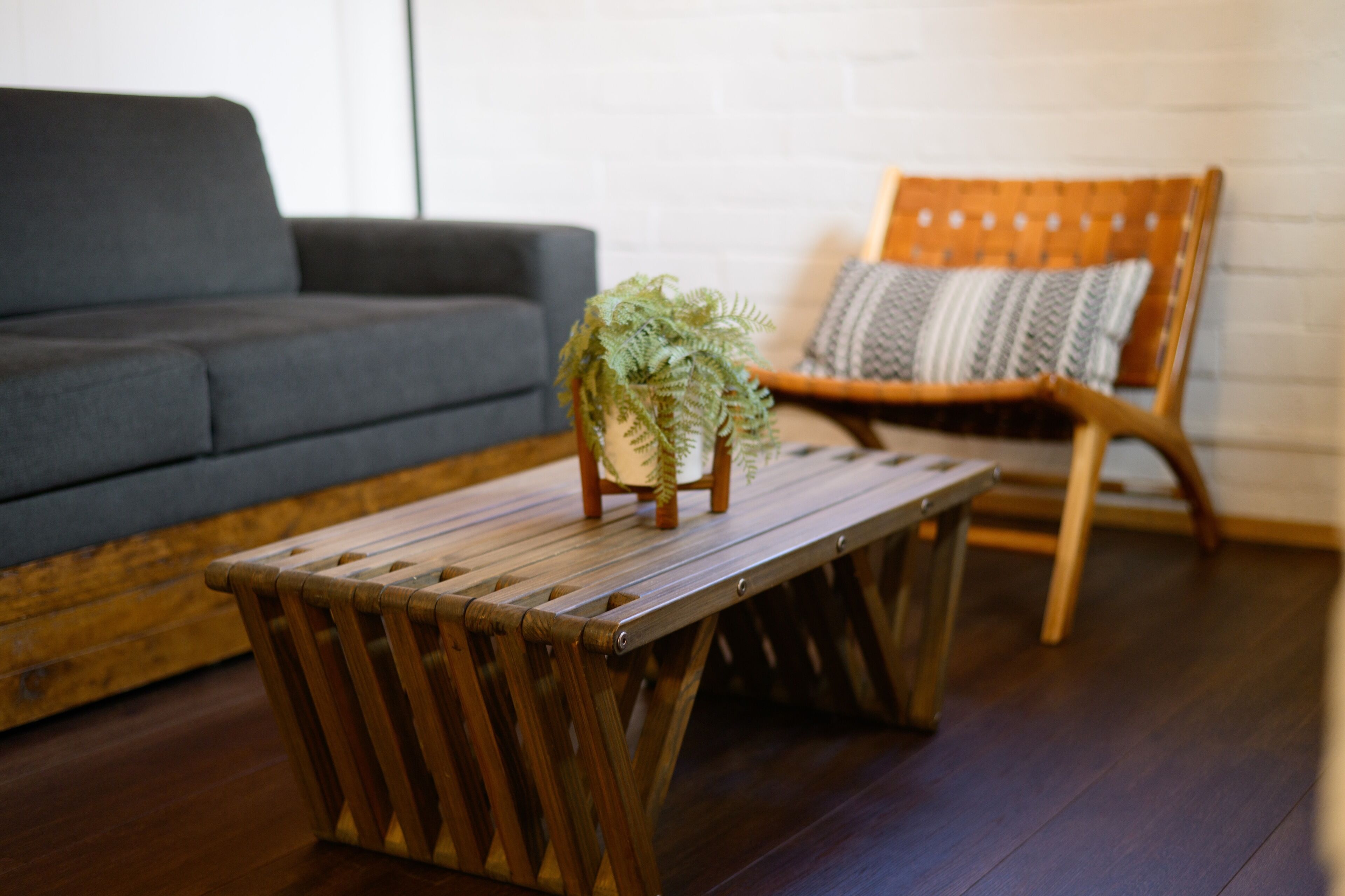 A wooden coffee table with a potted fern, a grey sofa, and a wooden chair with a cushion.