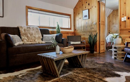 A cozy living room with a brown leather sofa, a wooden coffee table, and a shaggy rug.