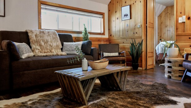 A cozy living room with a brown leather sofa, a wooden coffee table, and a shaggy rug. - Lake Front Cabins (June Lake)