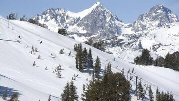 A snowy mountain slope with ski lifts and trees.